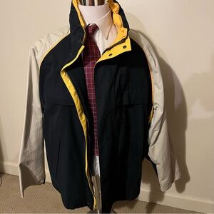 Nautica Windbreaker Jacket XXL Navy Tan Cotton Blend Hooded Raglan Arms Lined